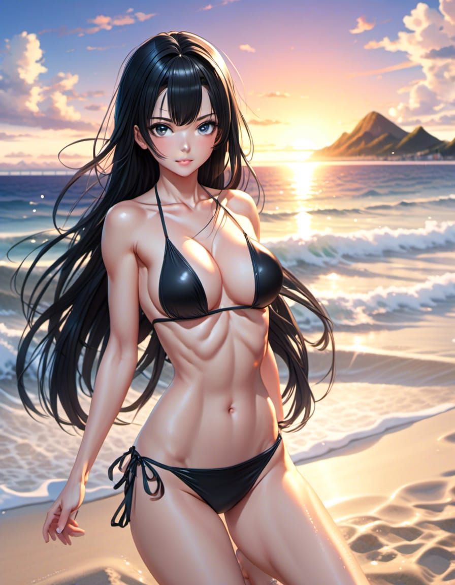 Anime Style Woman at Sunset Beach