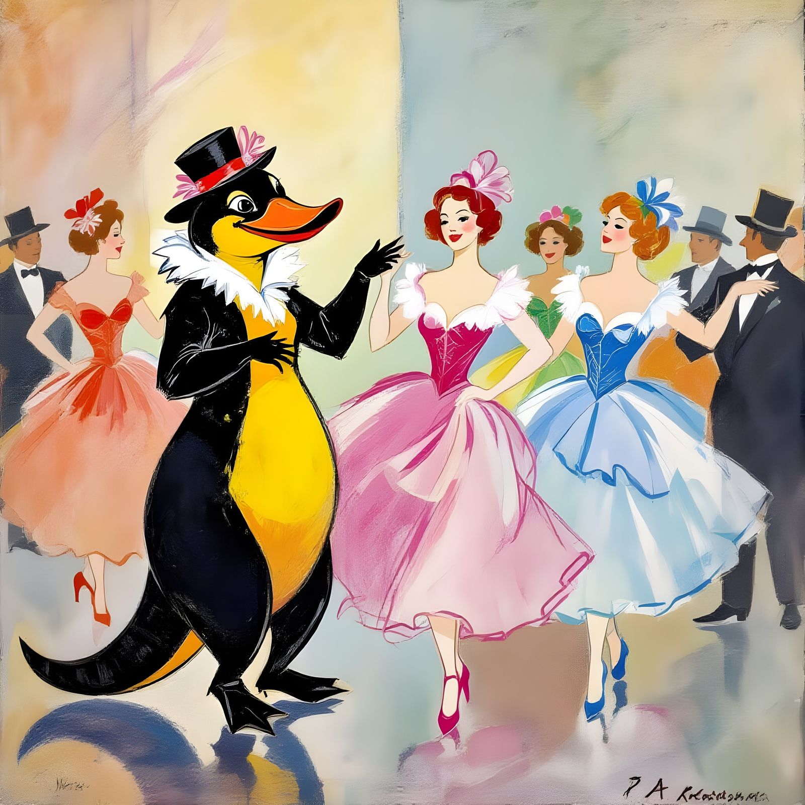 Showgirls and Platypus in an Expressionist Style