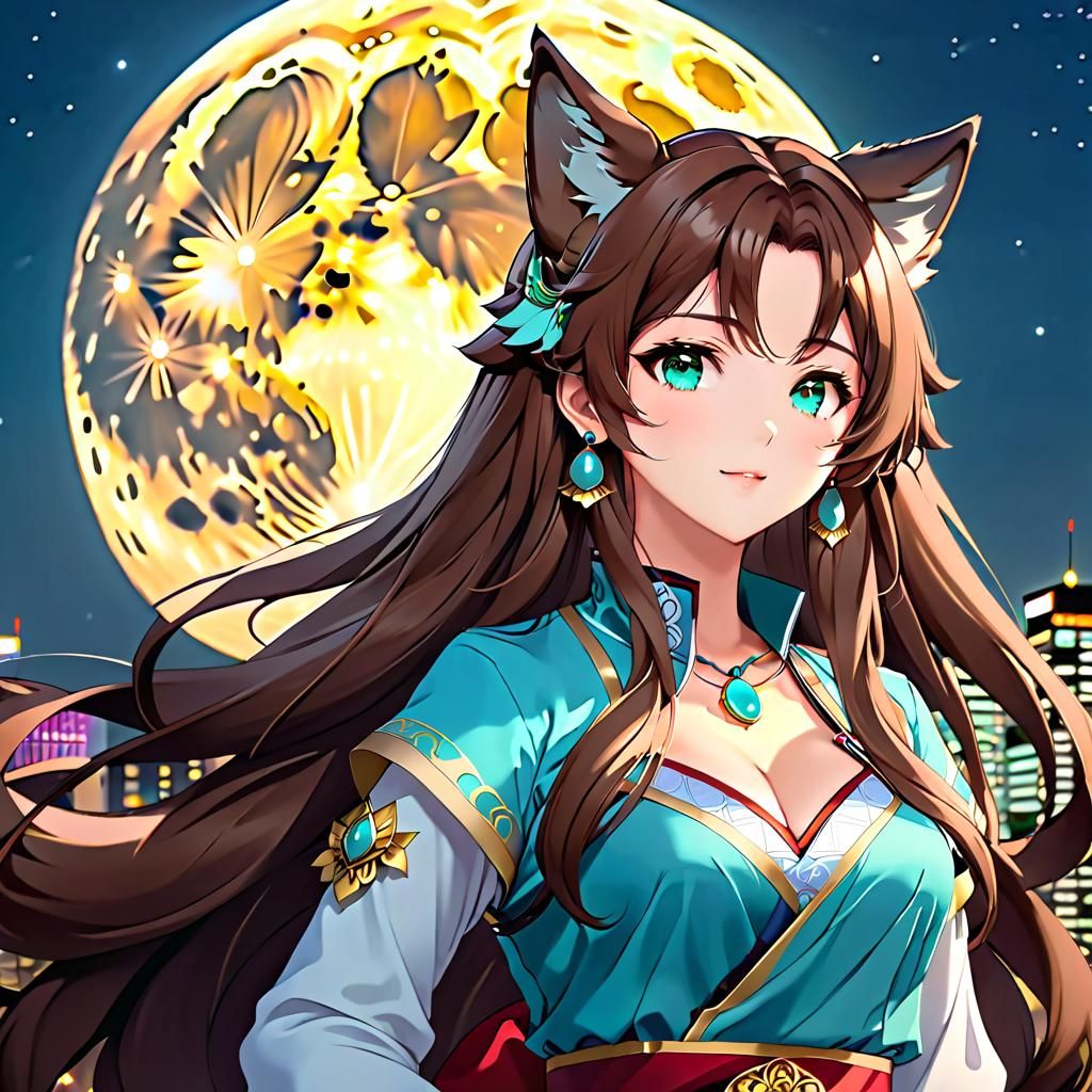 Anime Thai Girl with Wolf Ears Under Moonlight