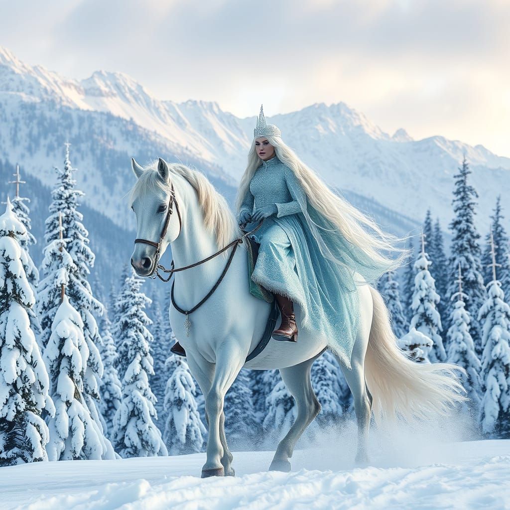 Majestic Ice Queen Rides Snowy Steed Amid Frosty Mountains