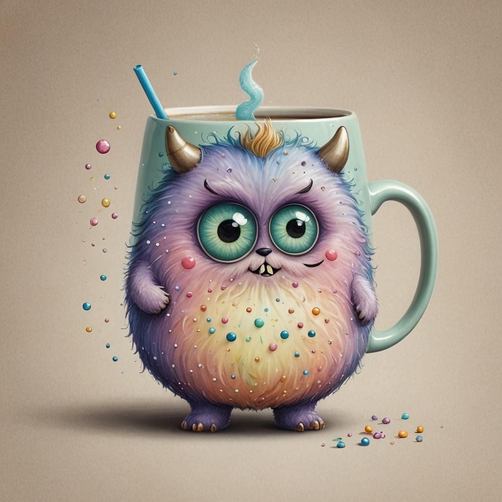 Mug with Cafe Logo and Dreamy Monster Illustration