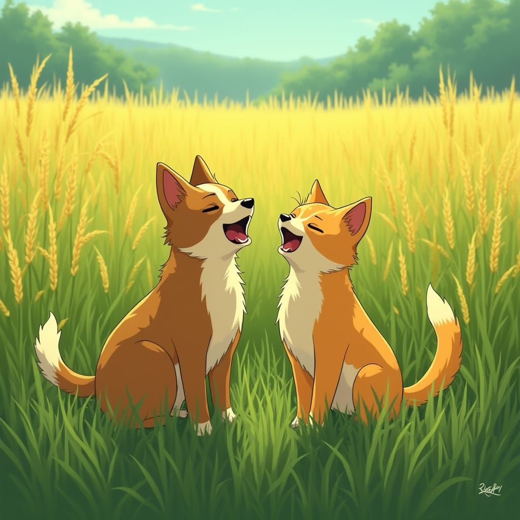 Harmonious Cat and Dog in Rice Field, Miyazaki Style