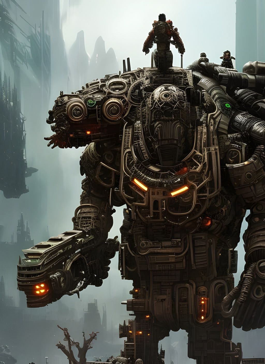 Post-Apocalyptic Cyborg Beast in Watercolor Style