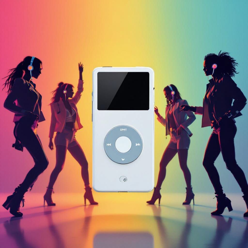 White iPod Surrounded by Dancing Silhouettes