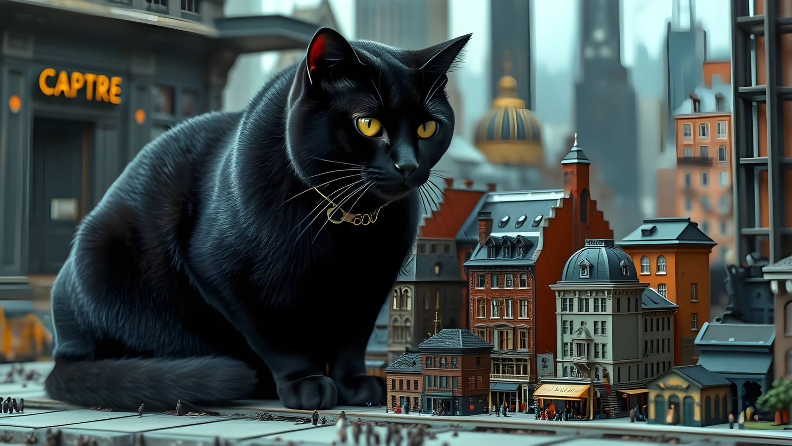 Giant Black Cat Dominates Cityscape in Hyperrealistic Photo