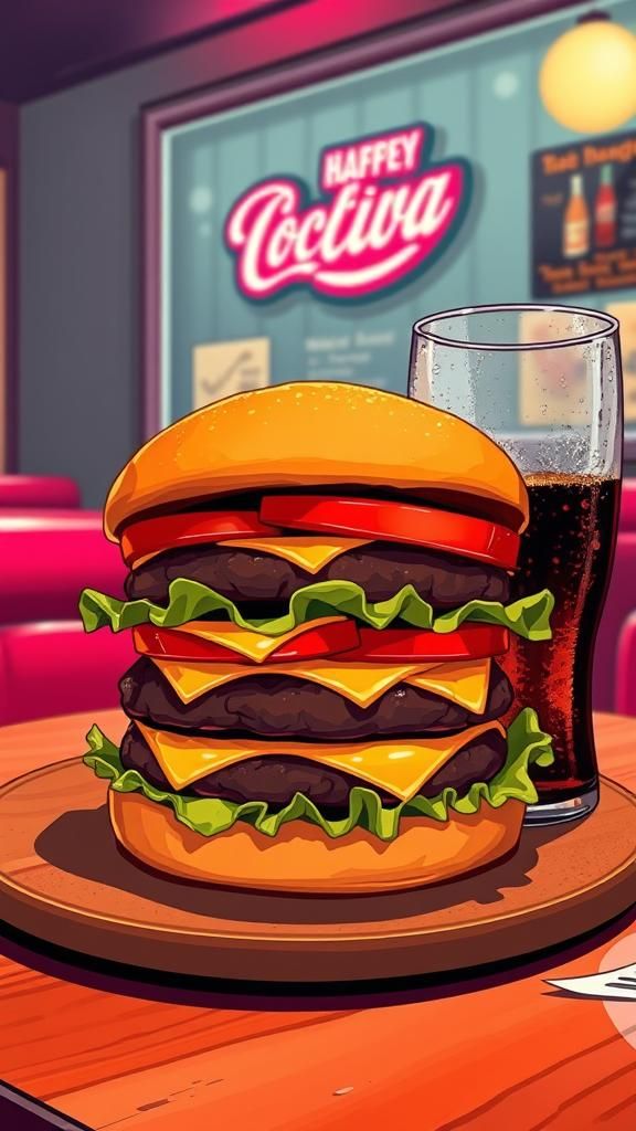 Juicy Hamburger and Coke in Neon Illustration Style