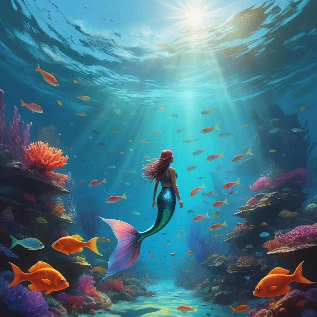 Vibrant Mermaid in Coral Ocean Landscape