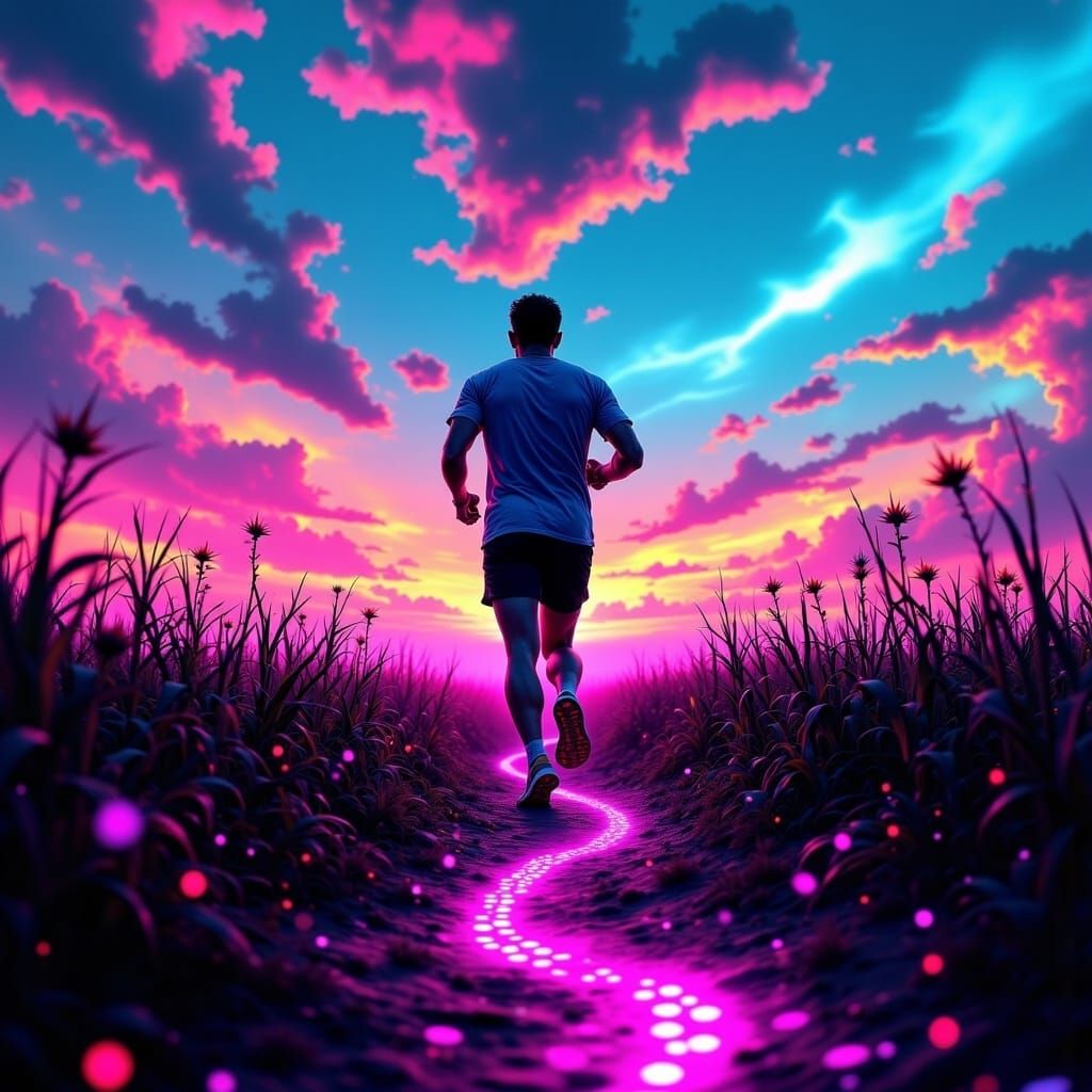 Vaporwave Jogger Leaving Glowing Footprints in Meadow
