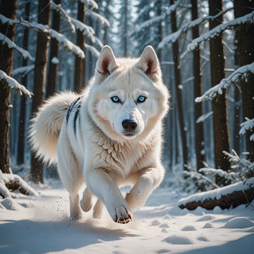 Vibrant Digital Art of a White Husky in a Snowy Winter Wonde...