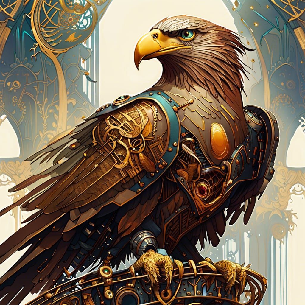 Steampunk Eagle with Golden Outlines and Motifs