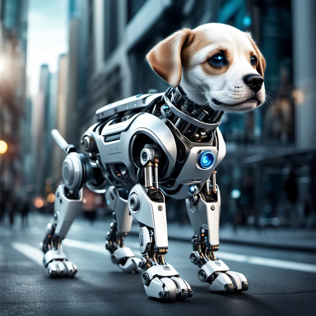 Futuristic Cyborg Puppy with Mechanical Exoskeleton