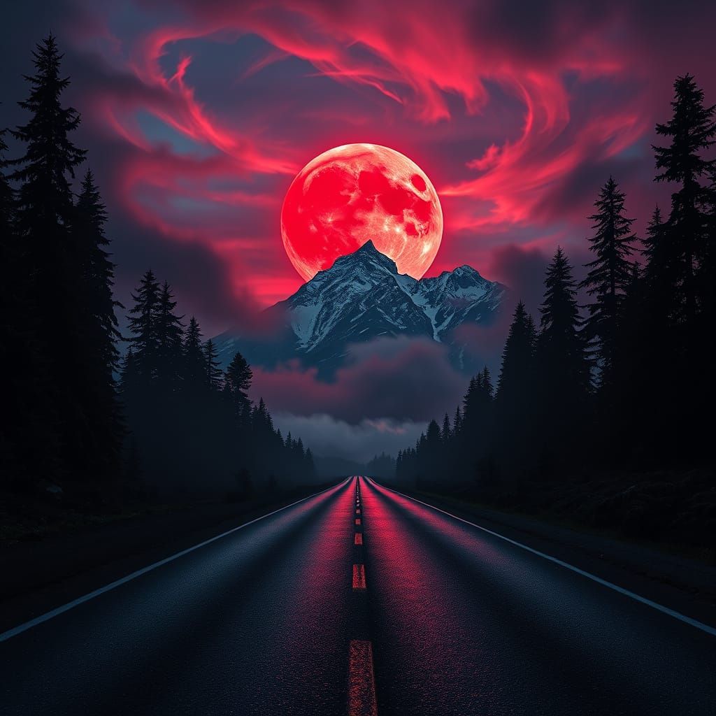Moody Pacific Northwest Road Under Blood Moon