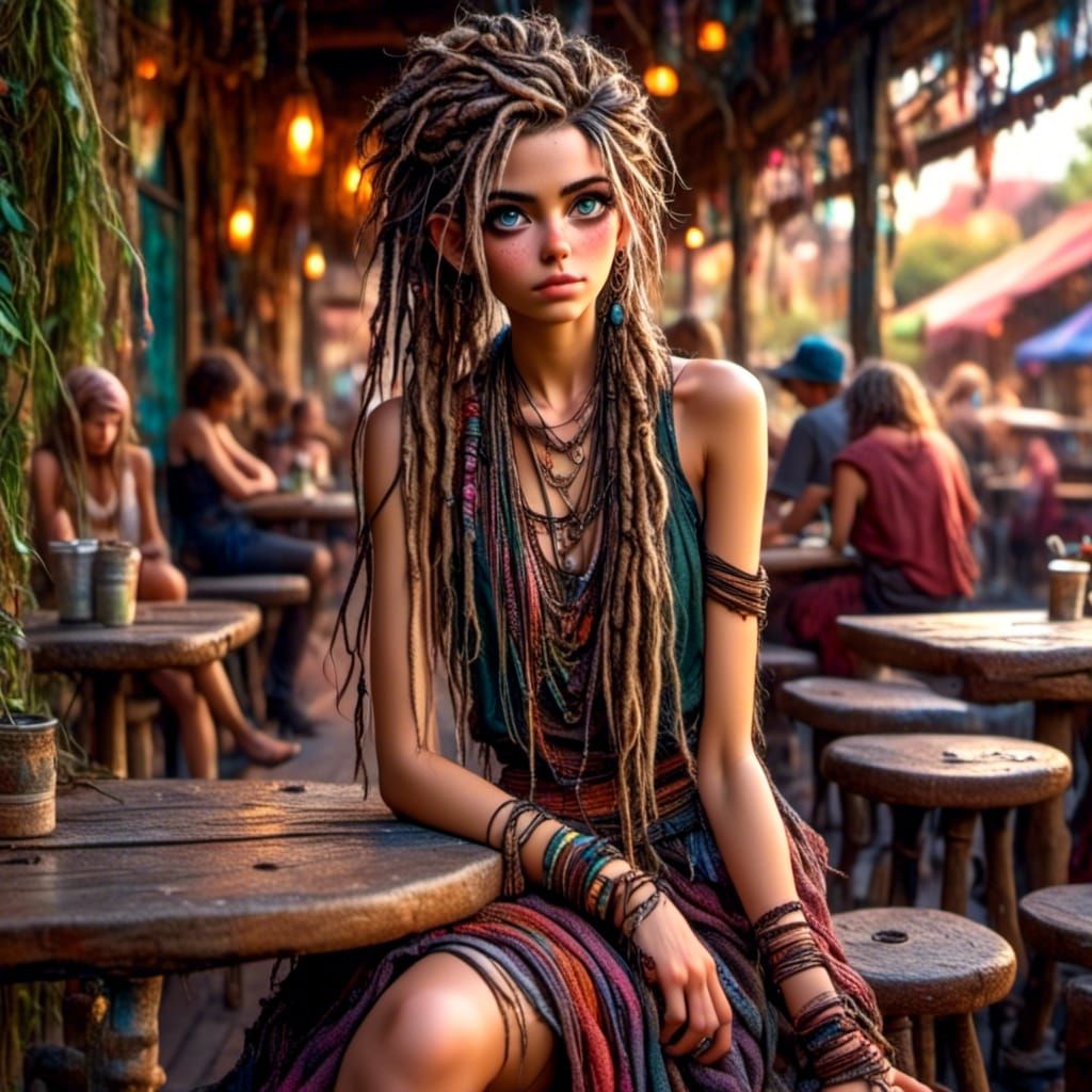 Boho Woman at Cafe in Vibrant Village