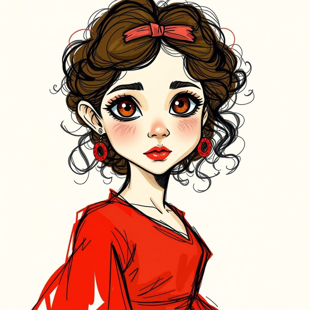Spanish Girl in Scarlet Dress, Whimsical Sketch