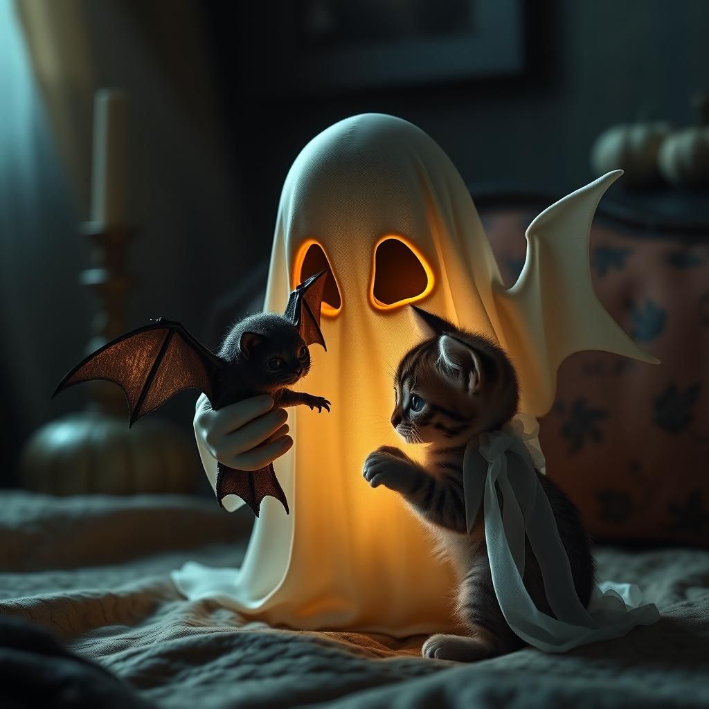 Pumpkin Ghost with Bat and Kitten in Dark Bedroom