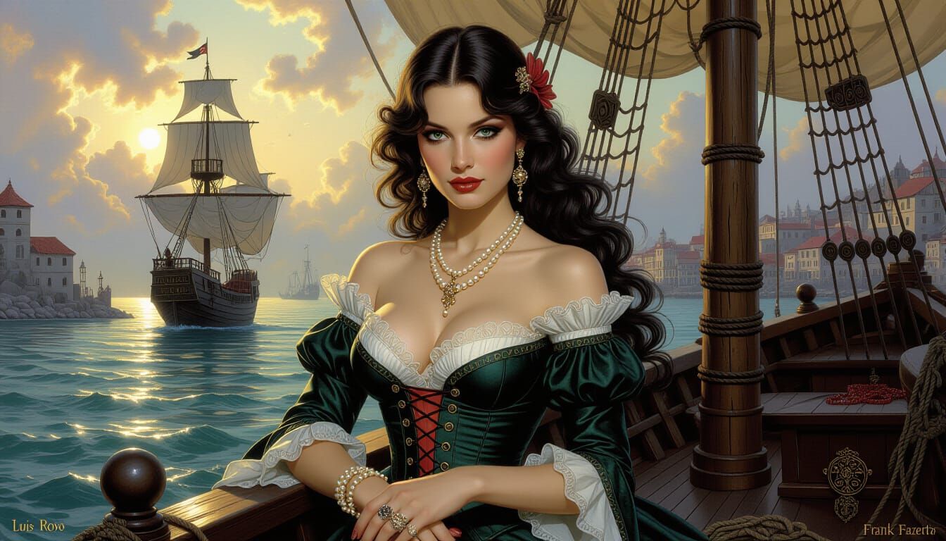 Sensual Harbor Wench on Pirate Ship as Macabre Art