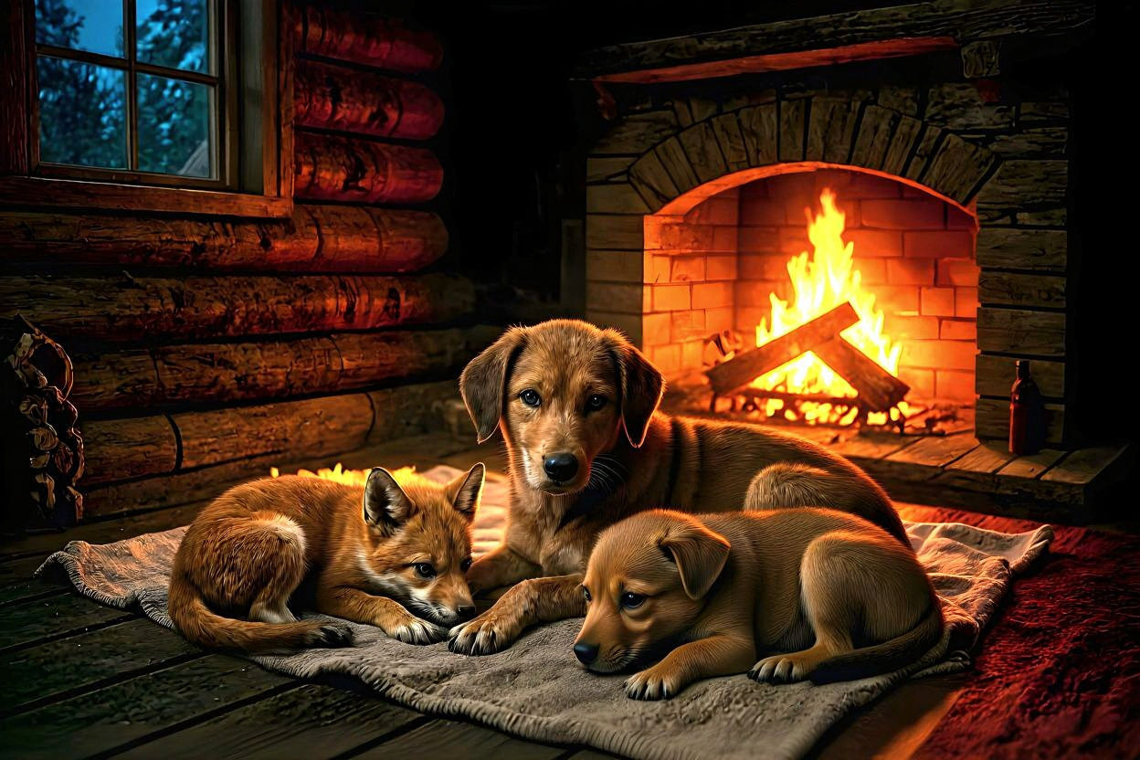 Cozy Fox and Hound Family by Fireplace