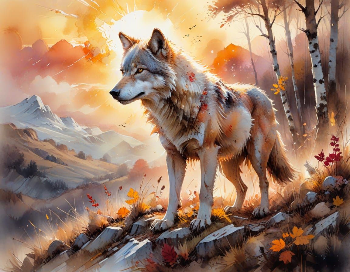 Spring Wolf on Autumn Ridge in Watercolor Style
