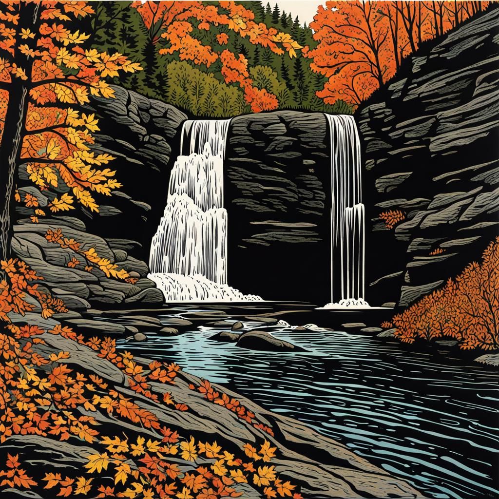 Buttermilk Falls, Vermont: A Woodcut Autumn Scene