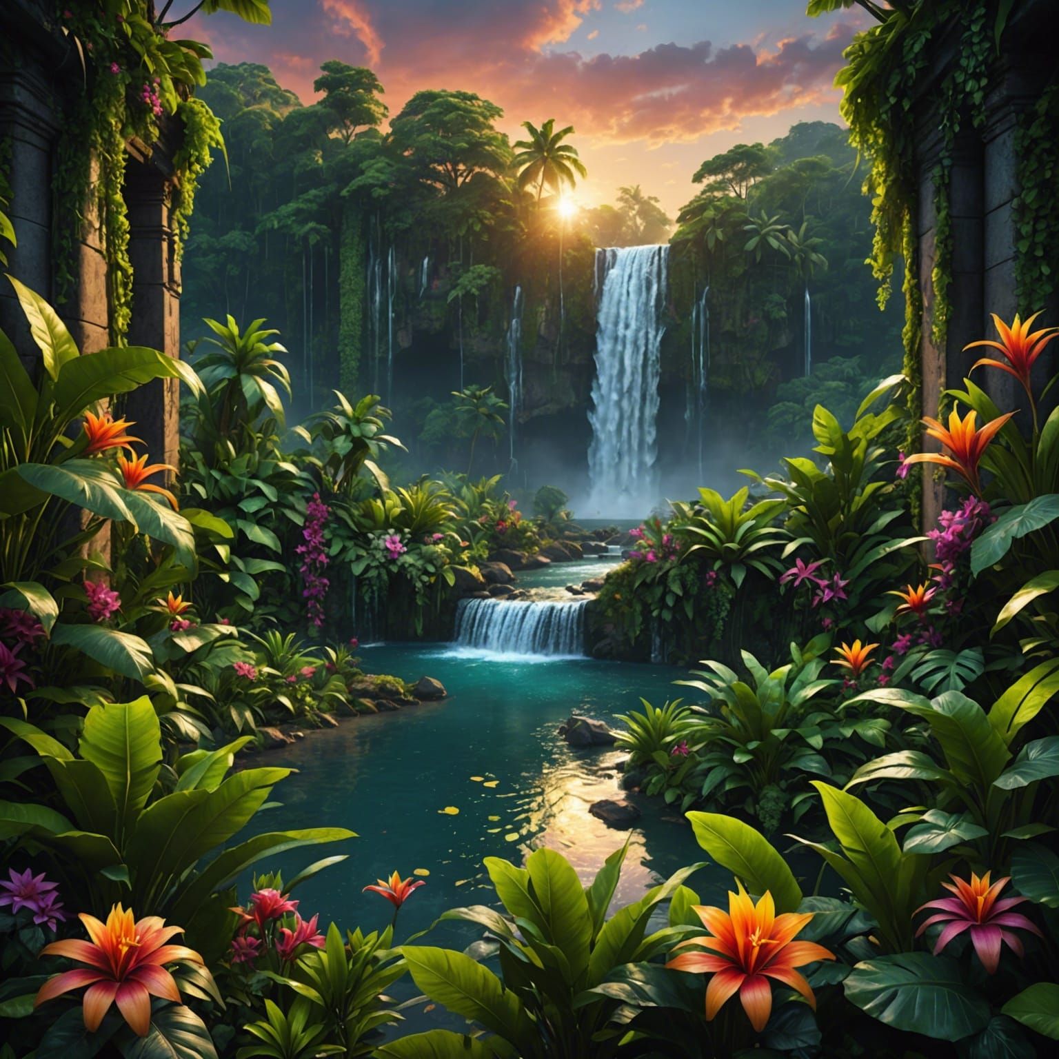 Photorealistic Jungle Sunset with Waterfall