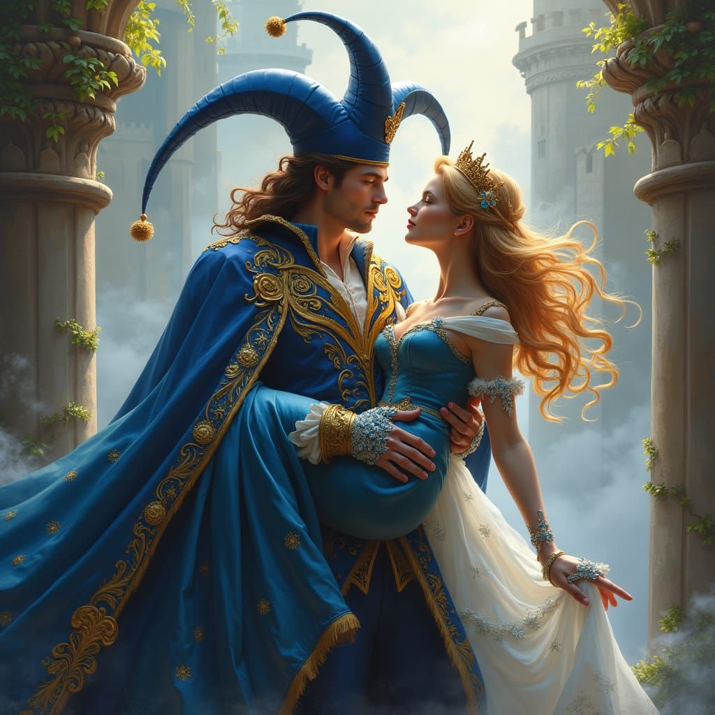 Jester Carries Princess in Opulent Fantasy Castle