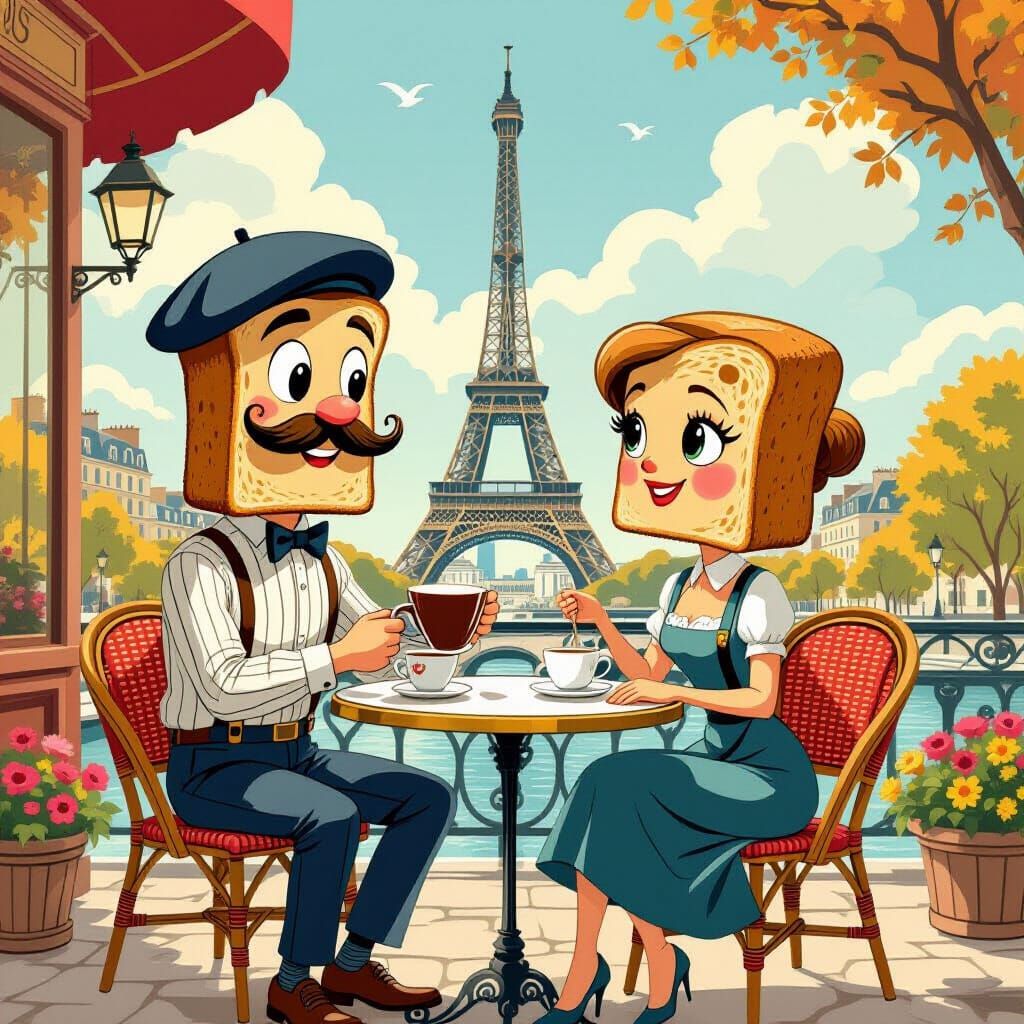 Toast People Enjoying Coffee in Paris, Illustrated Style