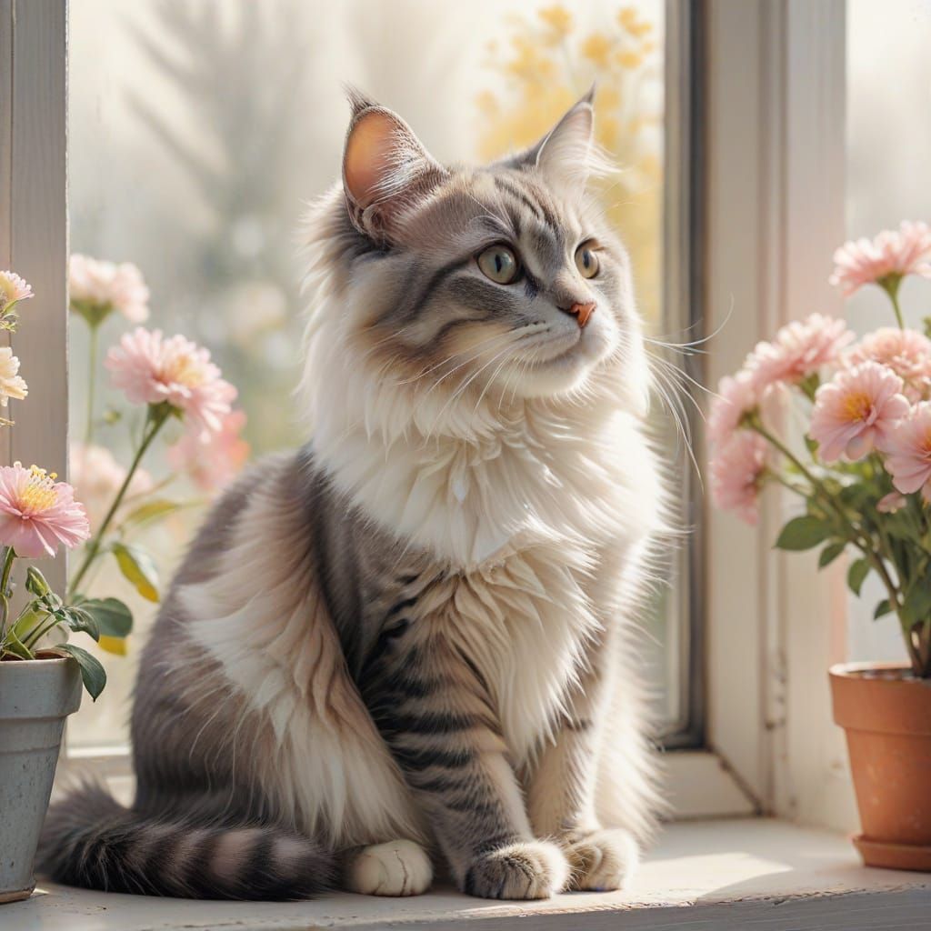 Whimsical Feline Portrait in Soft Watercolor