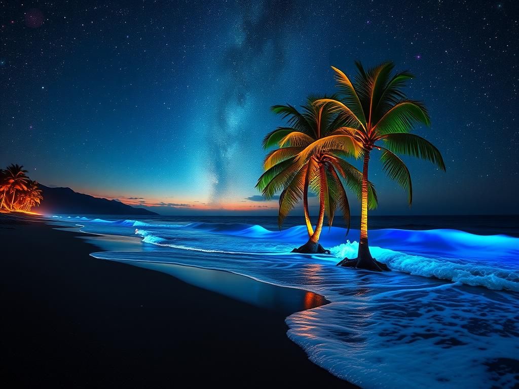 Bioluminescent Beach: Starry Night Dreamscape in Hyperrealis...