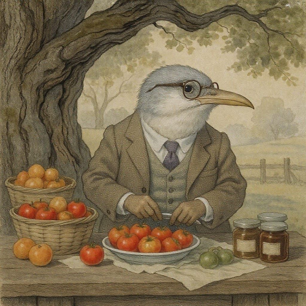 Secretary Bird Arranging Tomatoes, Beatrix Potter Style
