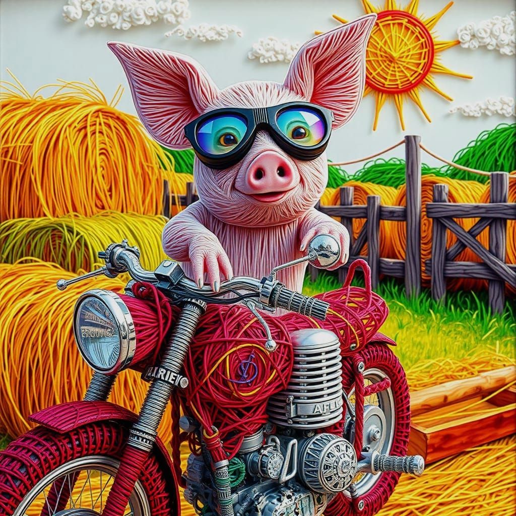 String Art: Cute Piglet on Motorbike