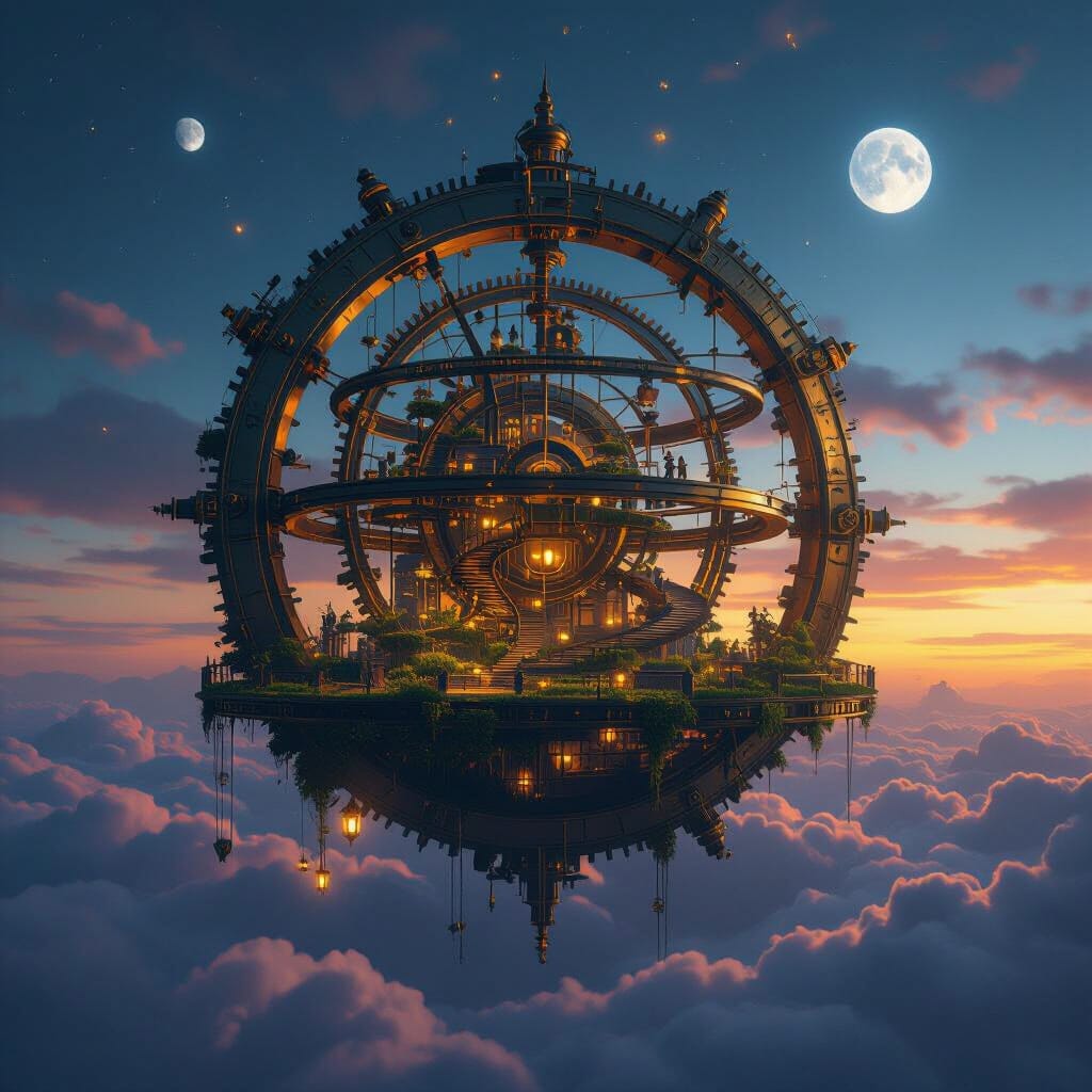 Steampunk Orrery City in Twilight Sky