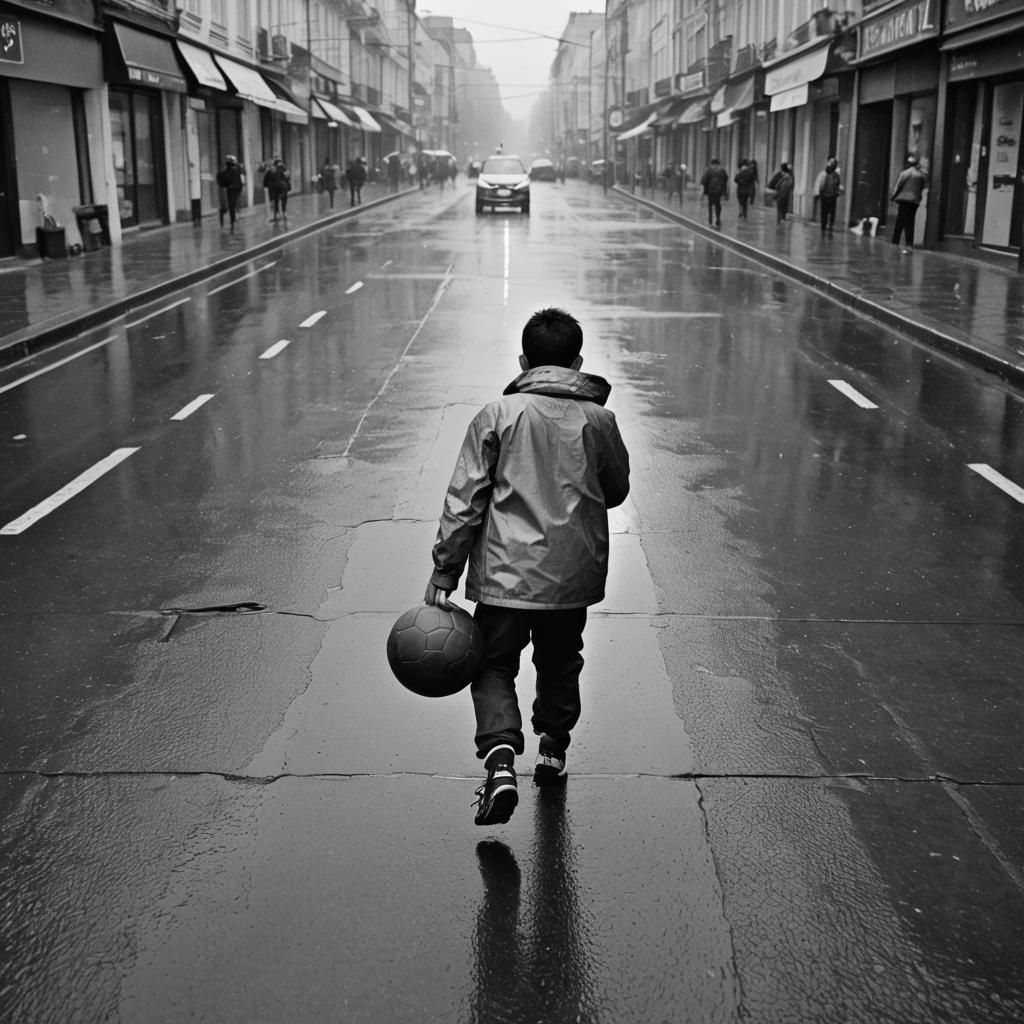 Boy Plays Football on Rainy Street: Black and White