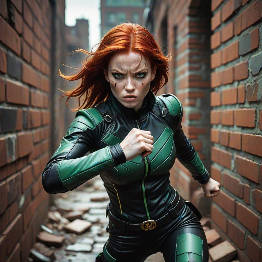 Fierce Red-Haired Superhero Blasts Through Brick Wall