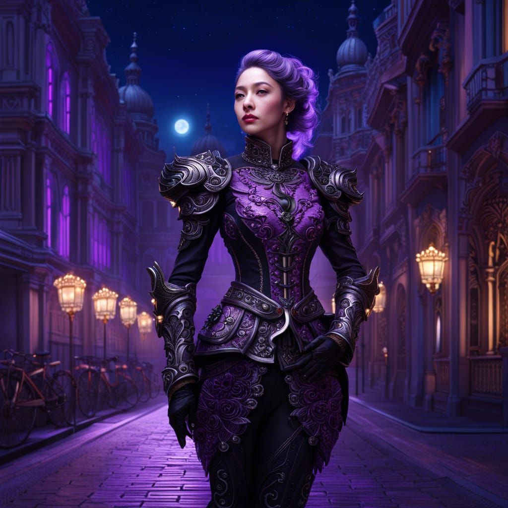 Rococo Gothic Girl in Moonlit Street, Hyperdetailed