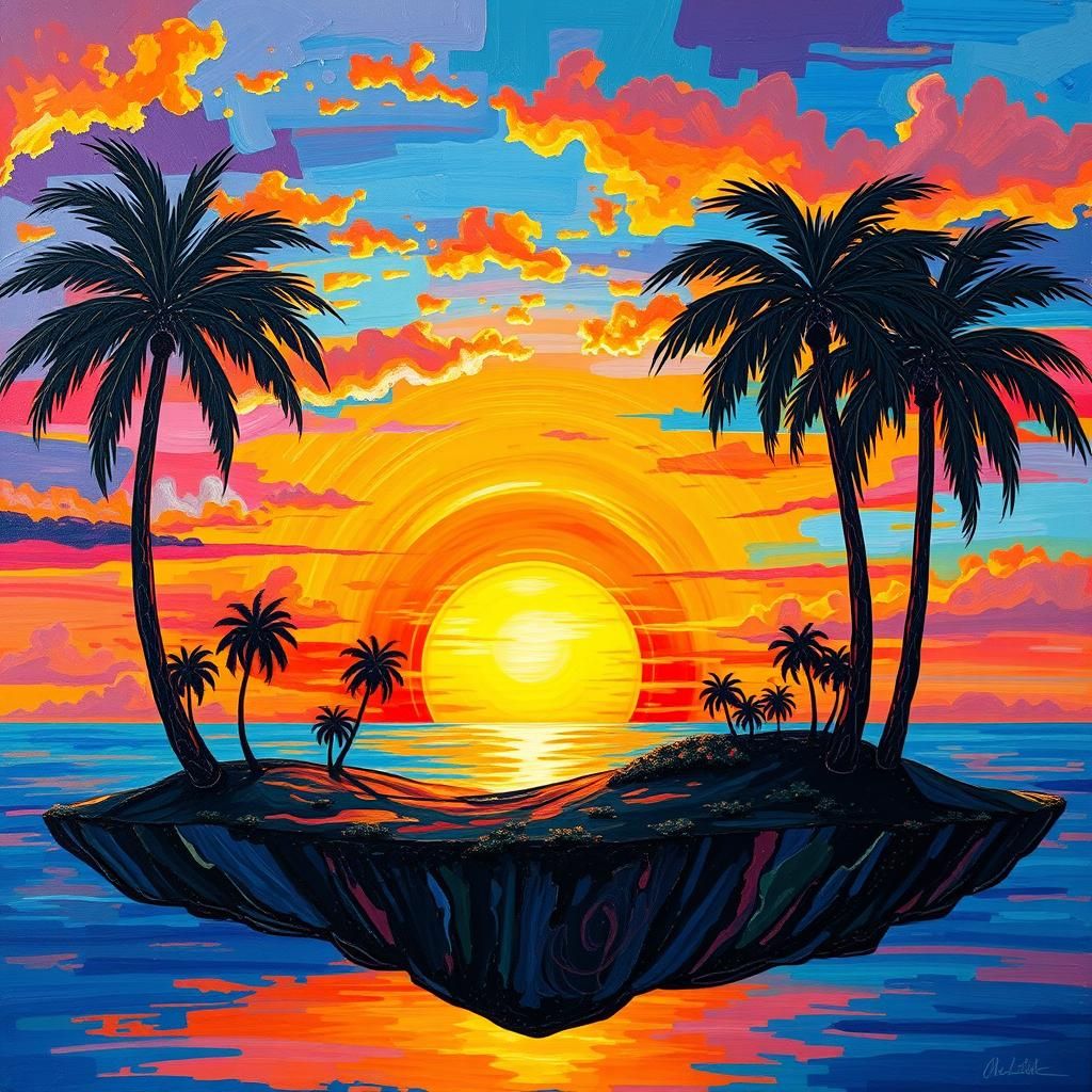 Fantasy Island Sunset in Expressionist Oil Painting Style