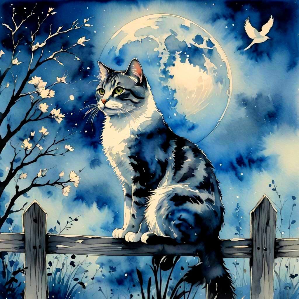 Ink Art: Cat Under Moon in Watercolor Garden