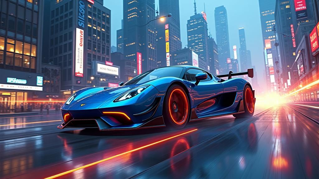 Flying Cyberpunk Car over Dystopian Cityscape