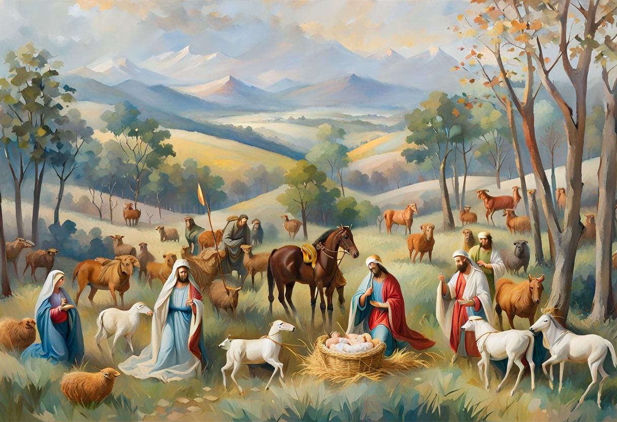 Nativity Scene: Birth of Jesus in Gouache Style