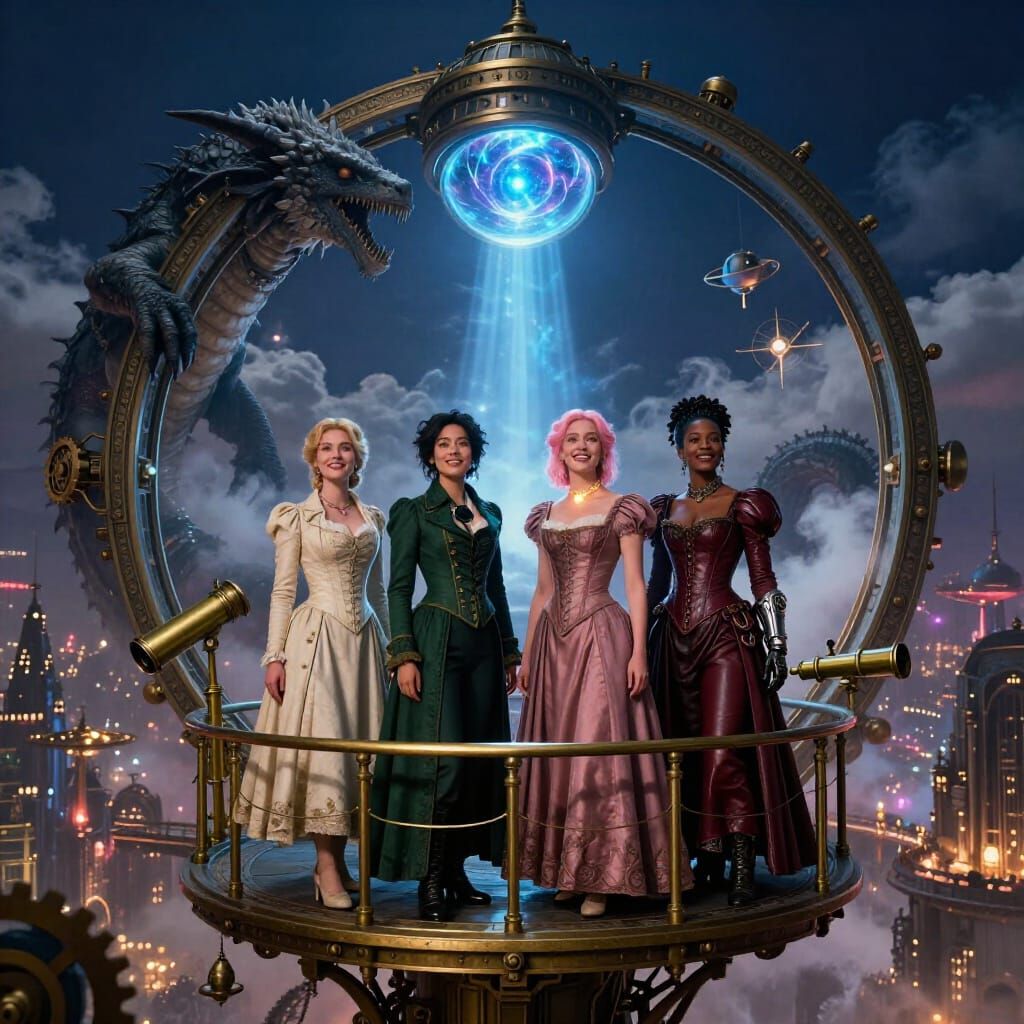 Steampunk Metropolis Observatory with Four Women
