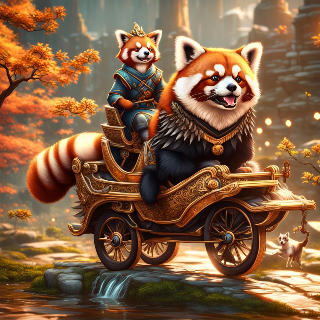 Red Panda Rides Shiba Inu: Fantasy Concept Art