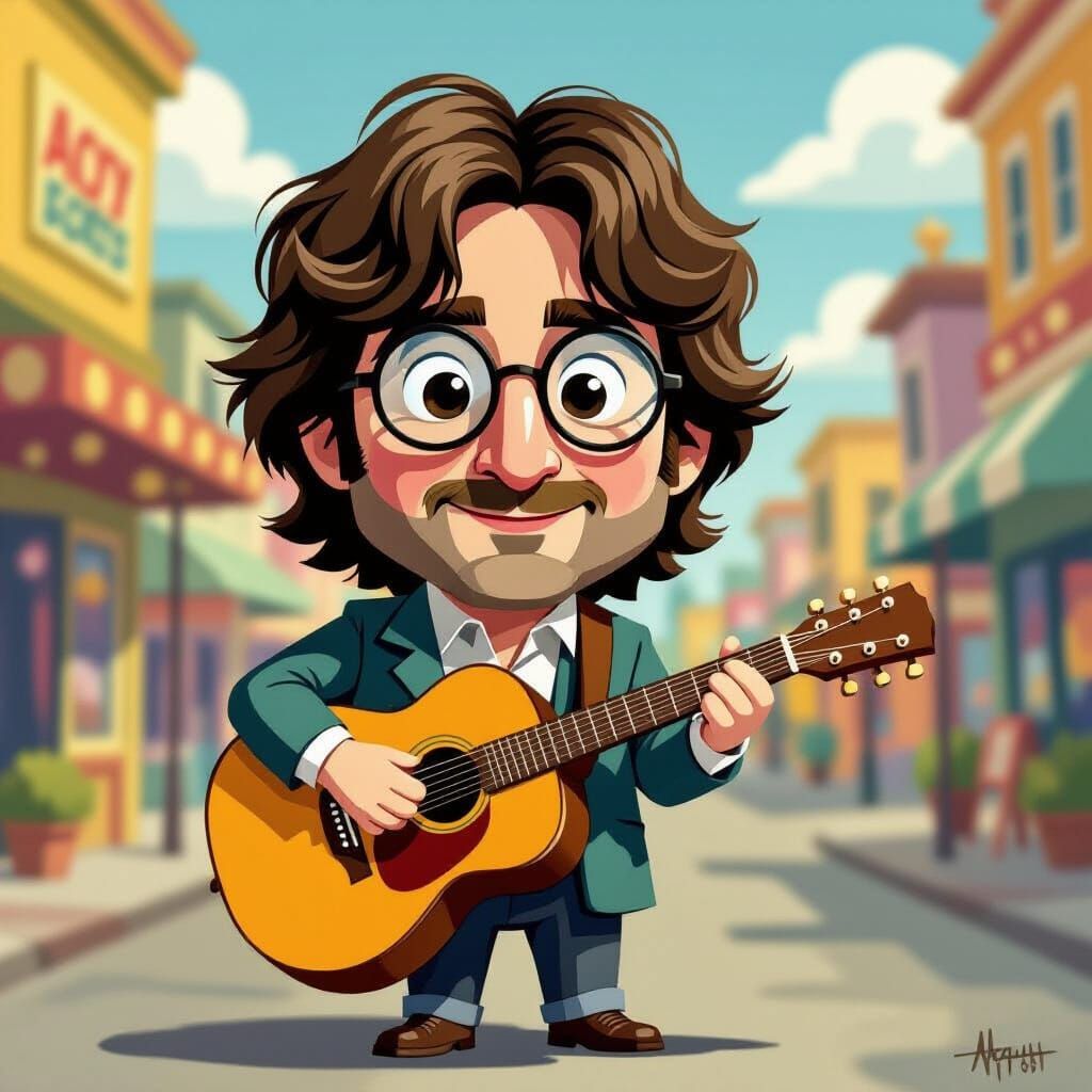 Blocky Headed Caricature of John Lennon Holding Guitar