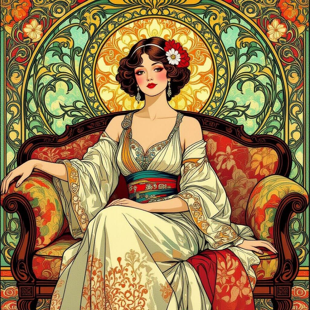 Elegant Woman in Art Nouveau Style with Vibrant Colors