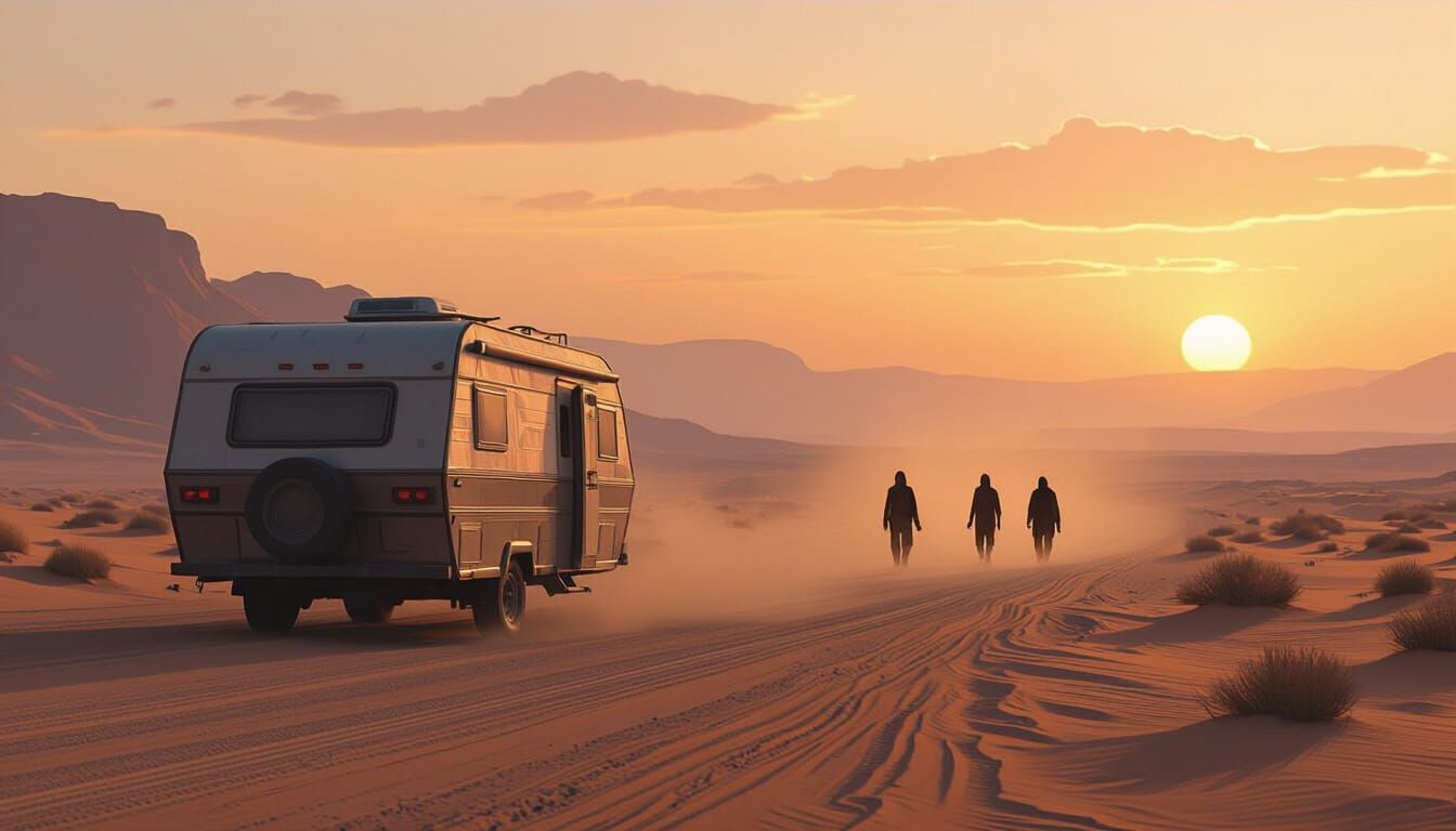 Desert Caravan at Dusk: Retro-Futuristic Tension