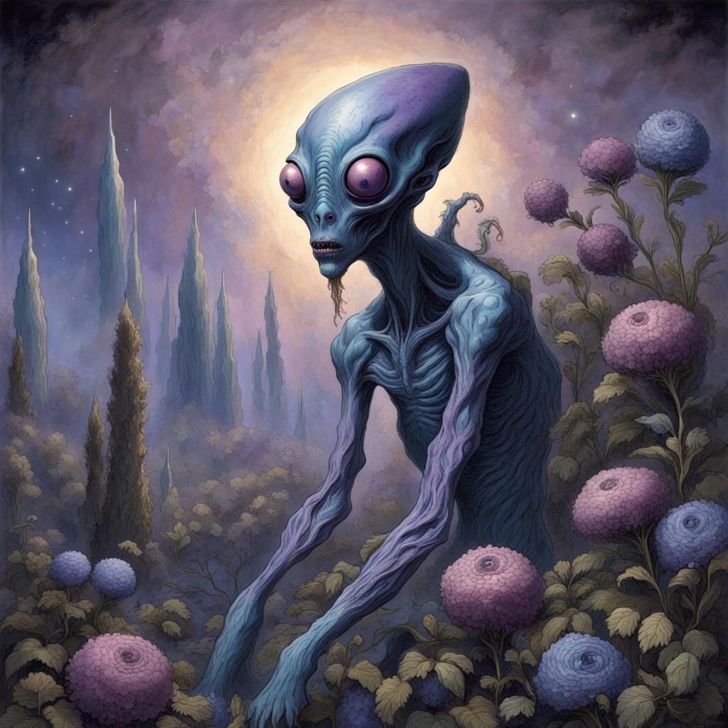 Eerie Alien in Celestial Garden, Horror Art
