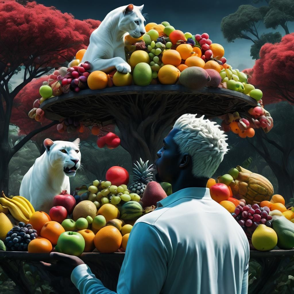 Man Balancing Fruits with White Panther: Digital Art