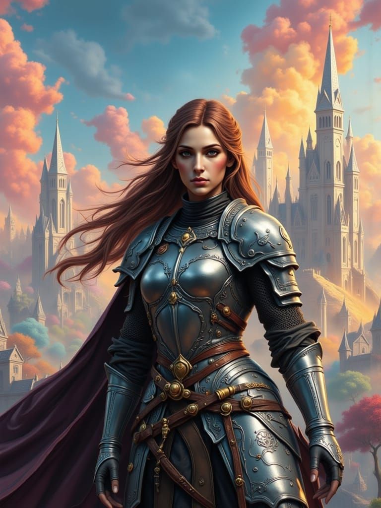 Female Knight Before Crystal Castle in Realistic Fantasy Sty...