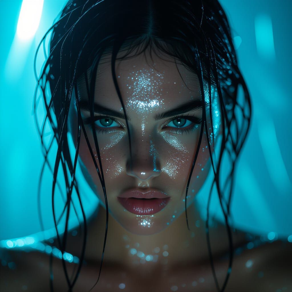 Hyper-Realistic Portrait: Woman in Dramatic Blue Light