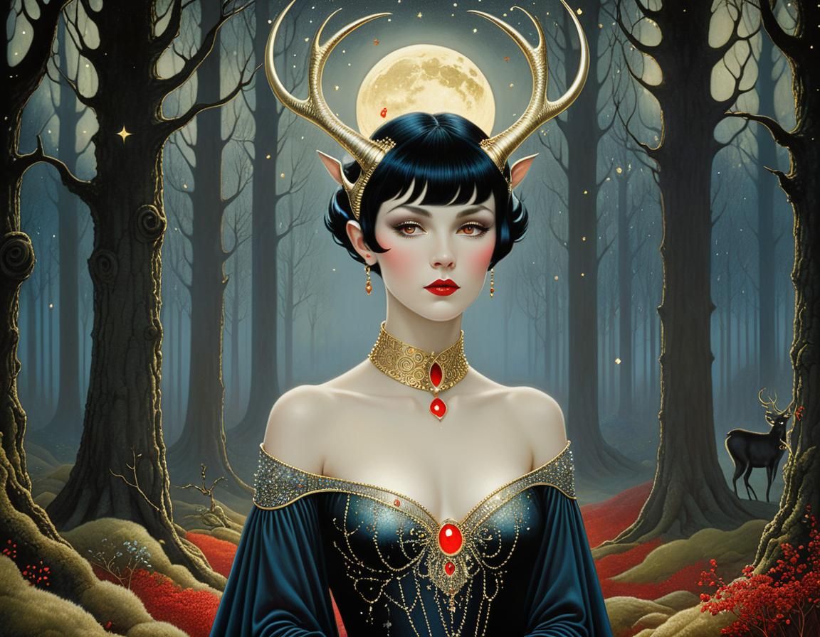 Antlered Woman in Moonlit Forest, Golden Age Illustration