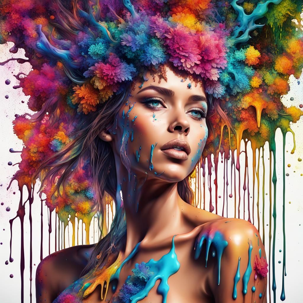Colorful Dripping Ink Woman: 8K 3D Splash Art