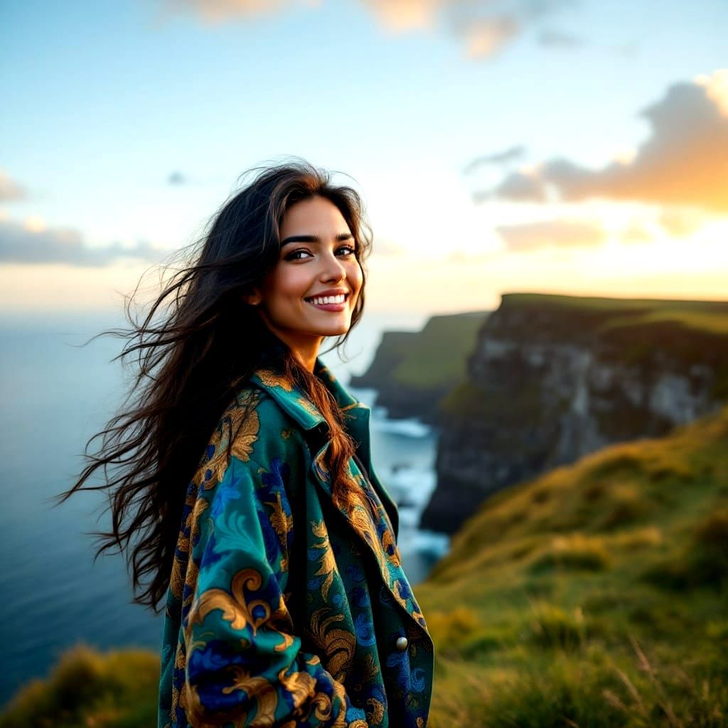 Serenely Laughing Italian Woman at Cliffs of Moher
